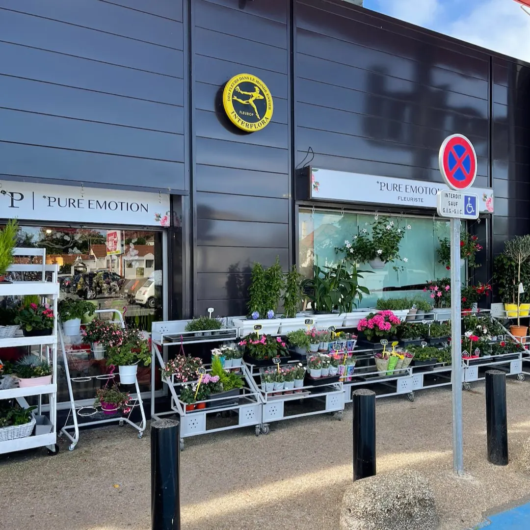 Façade de la boutique Pure Émotion dans la galerie Intermarché de Morsang-sur-Orge, avec son étal de plantes fleuries